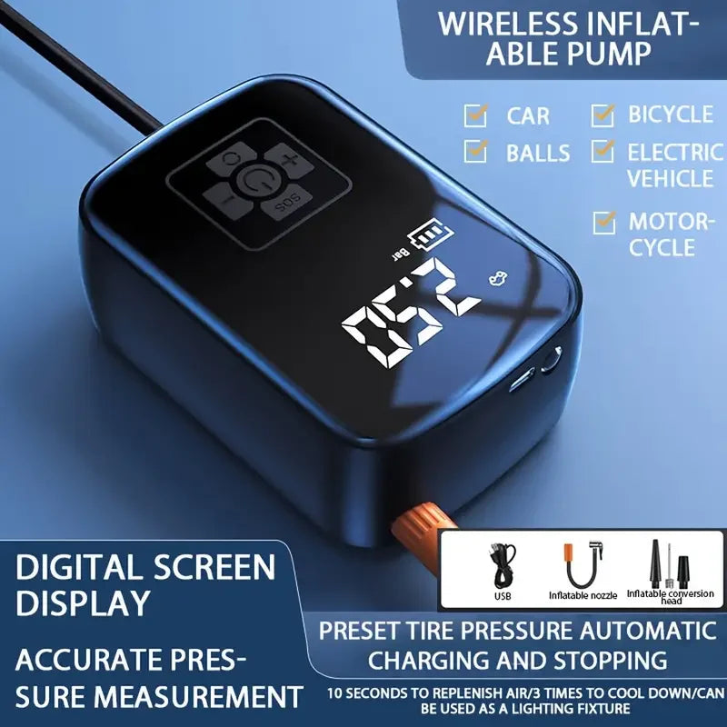 Powerful Wireless Car Air Compressor - Rechargeable Electric Tire Inflator for Motorcycles, Bicycles, Boats, and More!