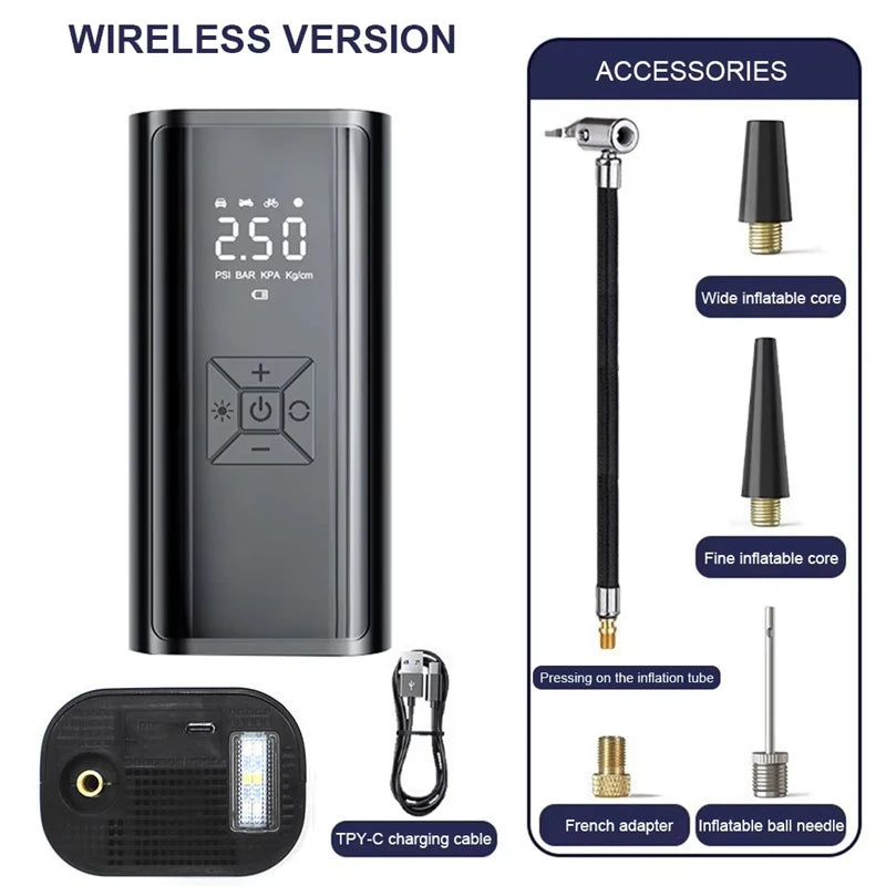 Powerful Wireless Car Air Compressor - Rechargeable Electric Tire Inflator for Motorcycles, Bicycles, Boats, and More!